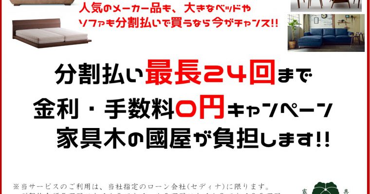 【初売り企画】憧れの商品も分割で！最長２４回まで金利・手数料０円キャンペーン　家具木の國屋が負担します！！